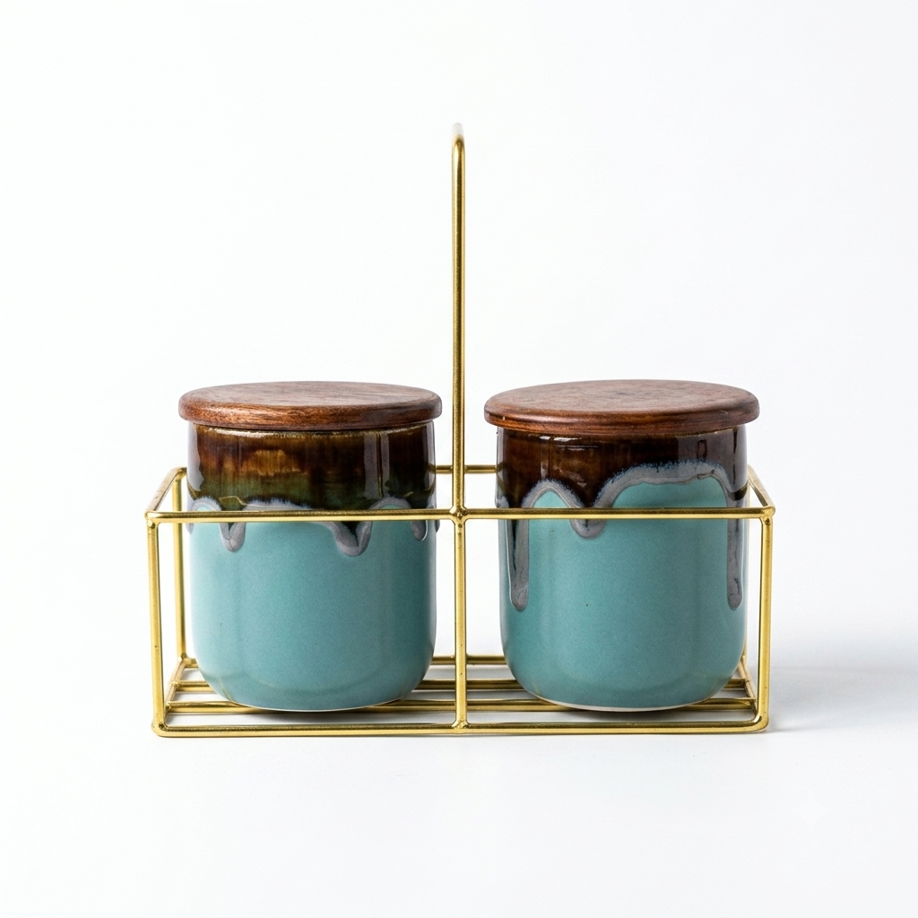 Dual Ceramic Storage Jar Set with Wooden Lids & Gold Metal Stand