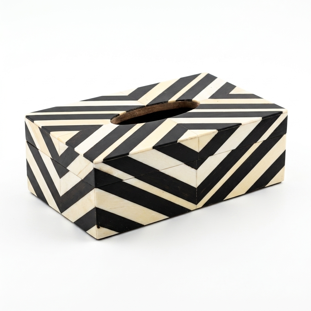 Geometric Bone Inlay Tissue Box Cover – Black & Ivory Chevron Design