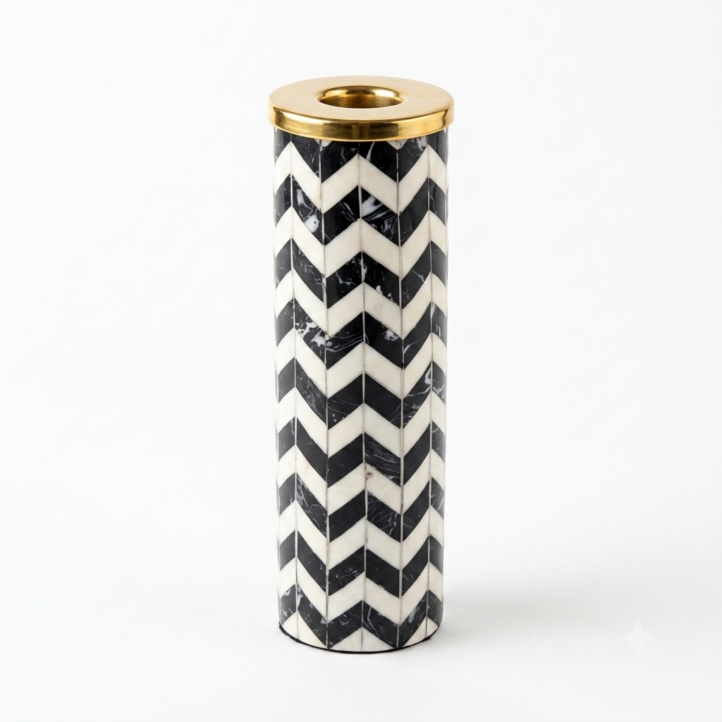 Chevron Marble & Brass Candle Stand (Tall Pillar)