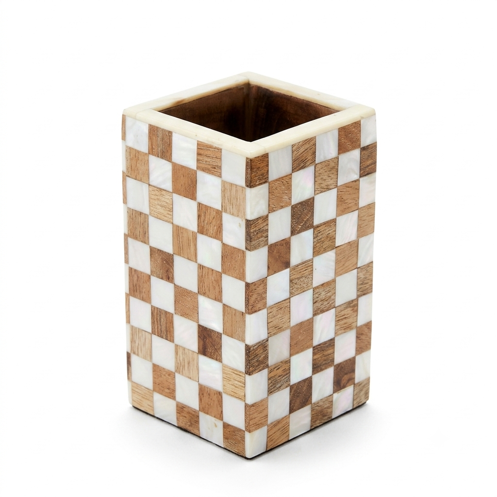 Checkered Wood & Mother-of-Pearl Pen Holder