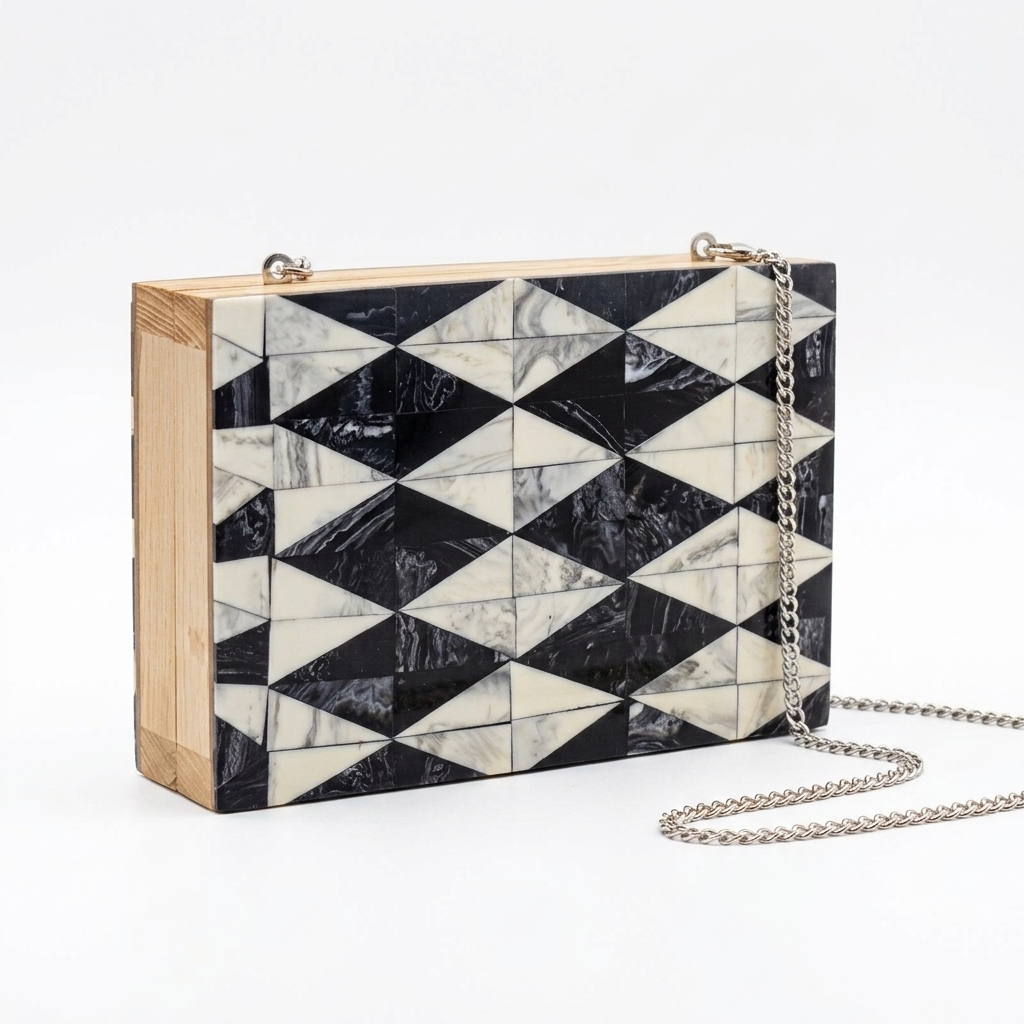 Geometric Marble Inlay Clutch with Chain Strap