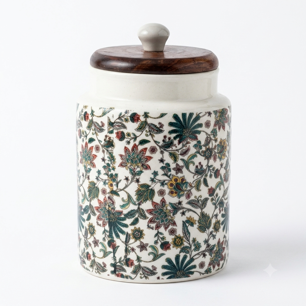 Floral Printed Ceramic Storage Jar with Wooden Lid