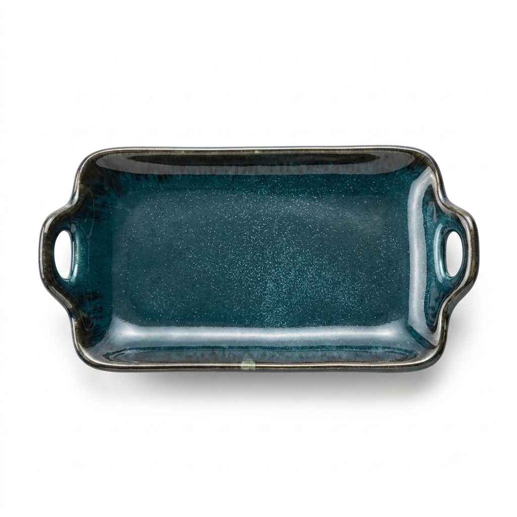 Glazed Ceramic Rectangular Serving Tray with Handles