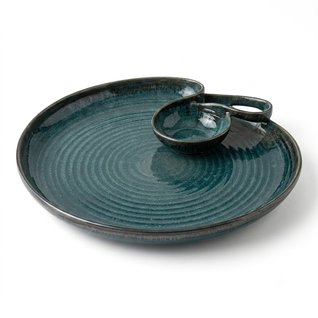 Artisan Teal Reactive Glaze Chip and Dip Serving Platter