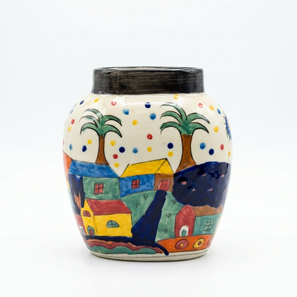 Hand-Painted Whimsical Village Scene Ceramic Vase