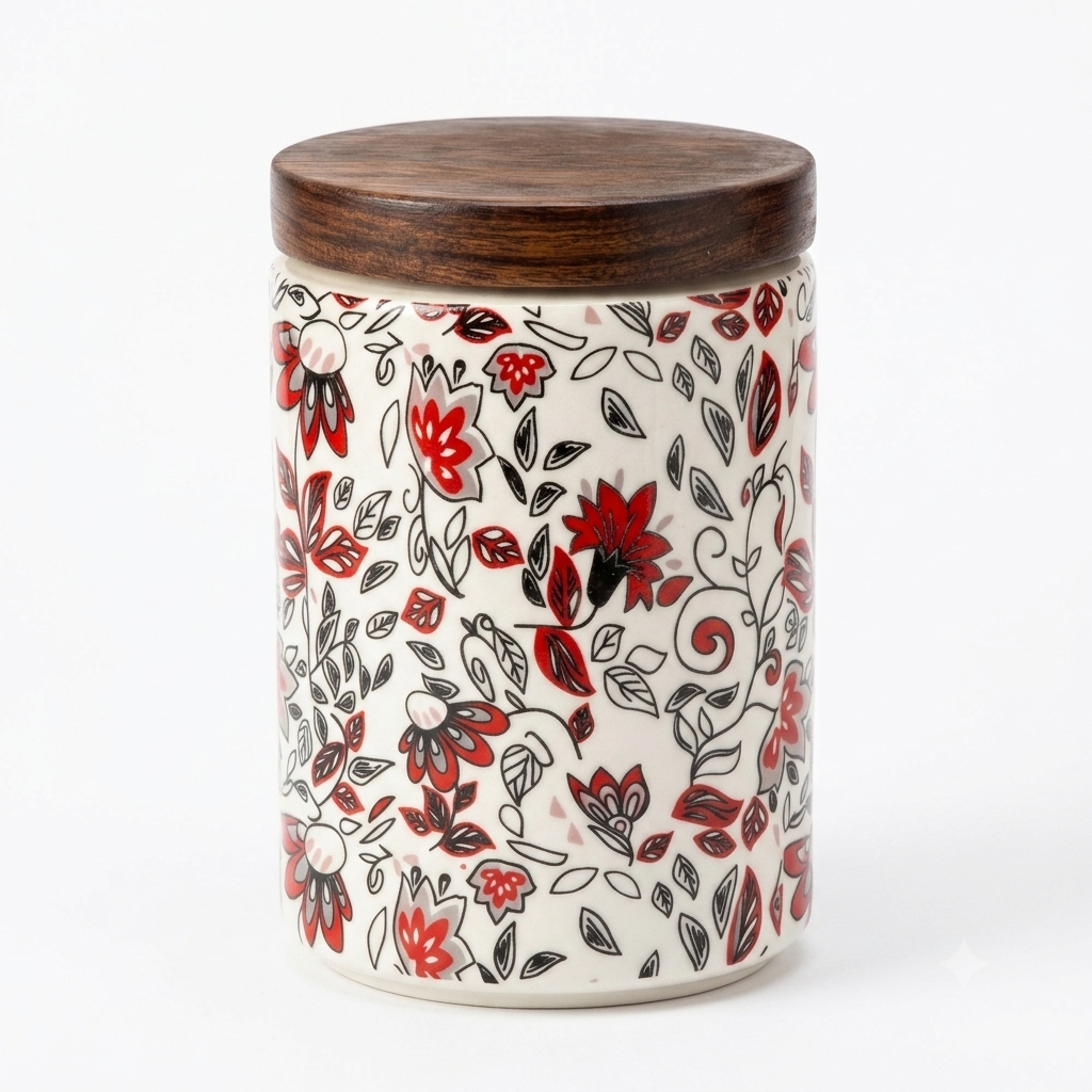 Floral Patterned Ceramic Storage Jar with Wood Lid