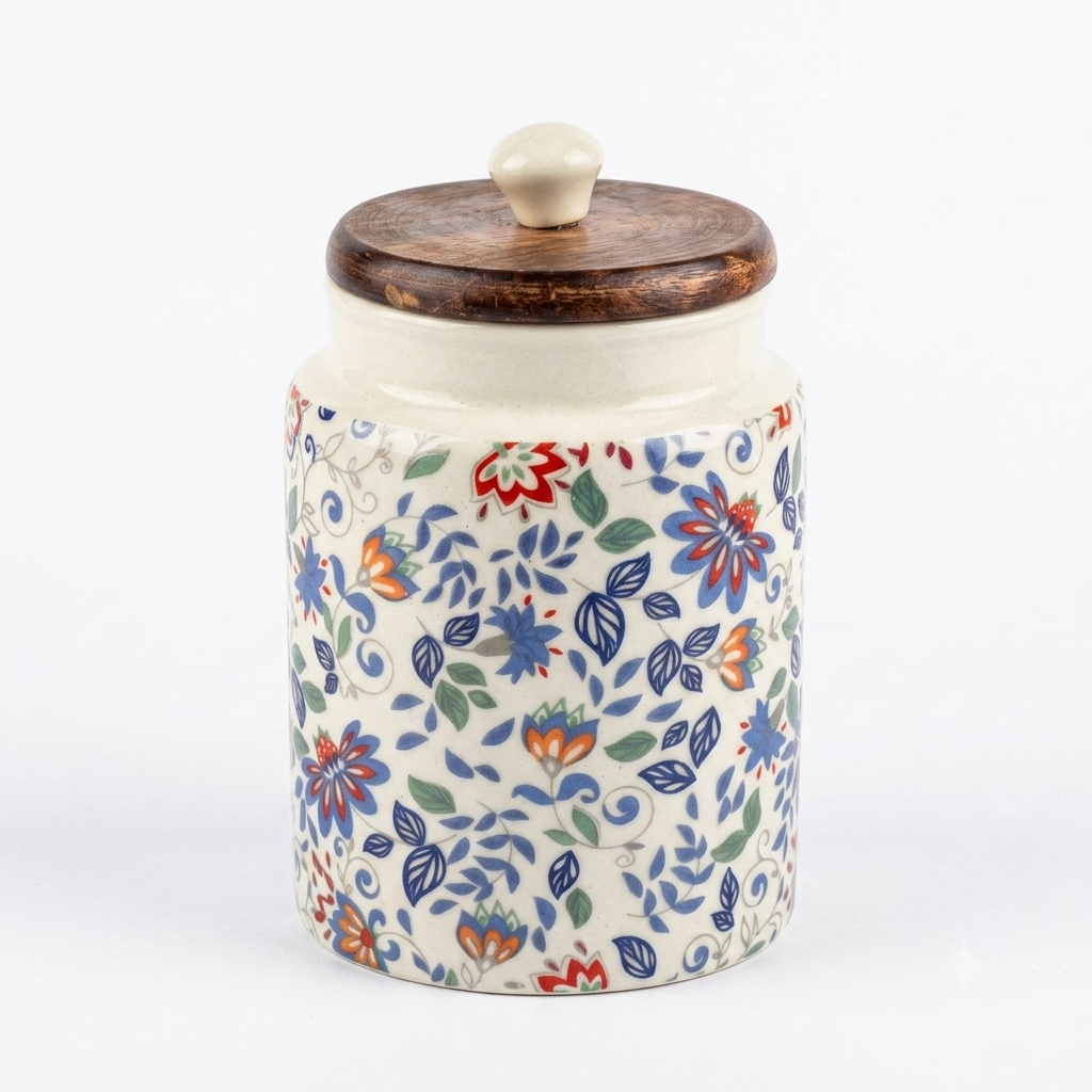 Floral Motif Ceramic Storage Jar with Wooden Lid