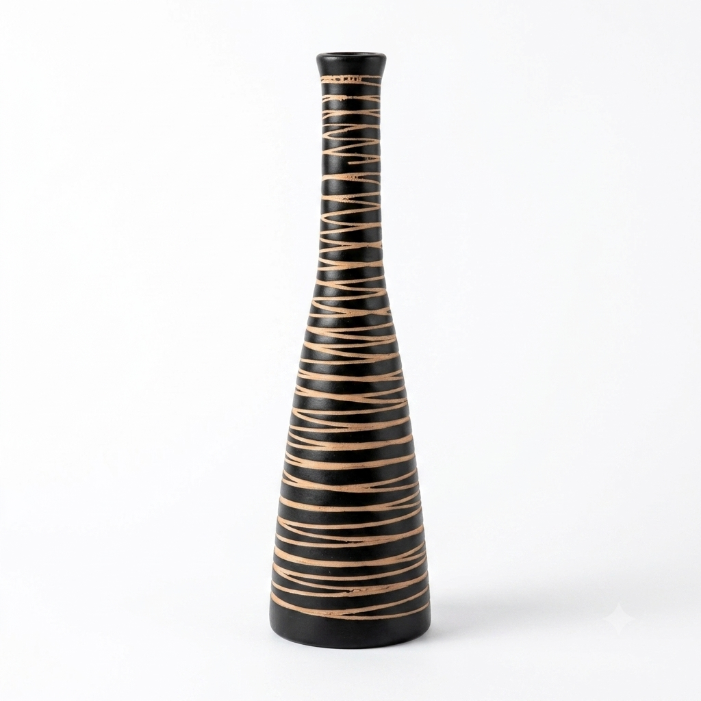 Handcrafted Matte Black Bud Vase with Natural Etched Stripes