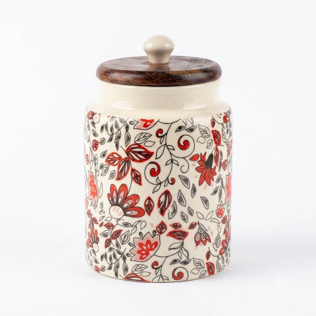 Handcrafted Floral Ceramic Storage Jar with Wooden Lid
