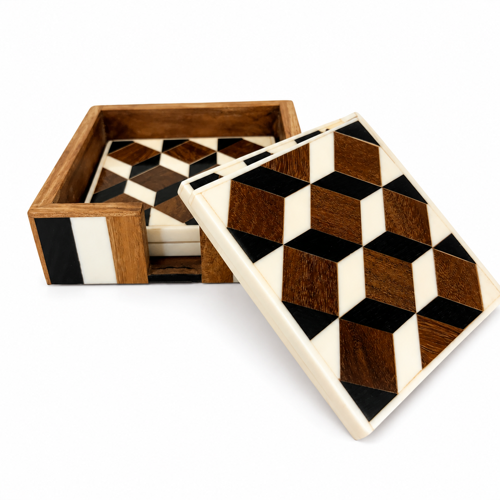 Handcrafted Wooden & Resin Geometric Serving Tray Set
