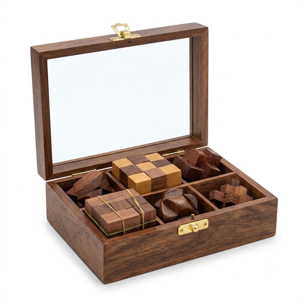 Handcrafted Wooden Tea Box with Glass Lid & Multiple Compartments