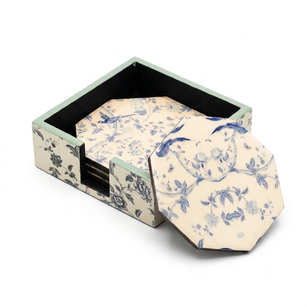 Chinoiserie Charmed Octagonal Coaster Set with Decorative Holder