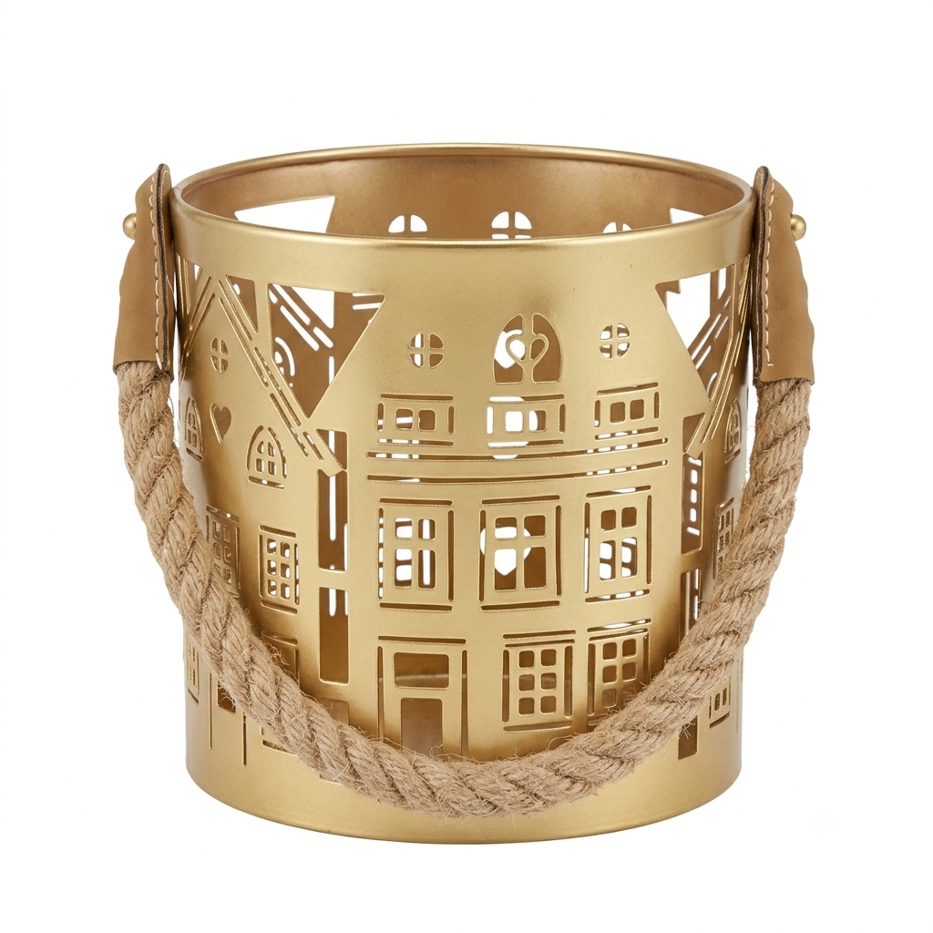 Nordic Village Gilded Laser-Cut Metal Candle Lantern with Rope Handle