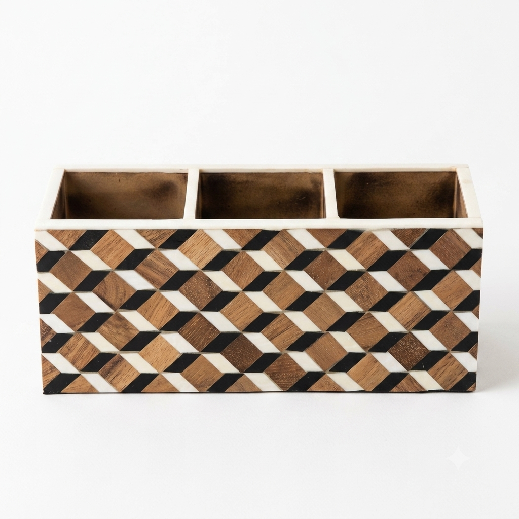 Metro Geometric Marquetry 3-Compartment Desk Organizer