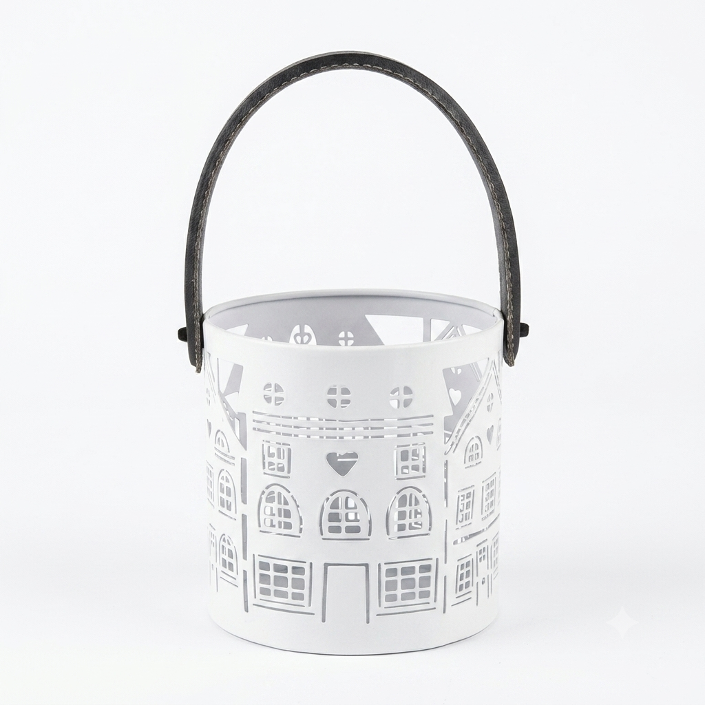 Nordic Village Laser-Cut Metal Lantern – Alpine White