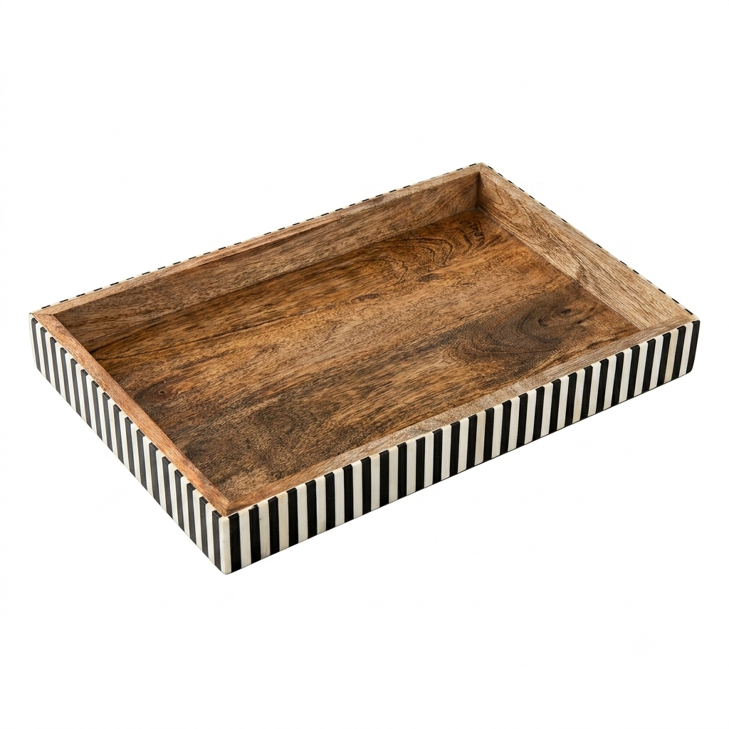 Rustic Mango Wood Vanity Tray with Fluted Bone Inlay