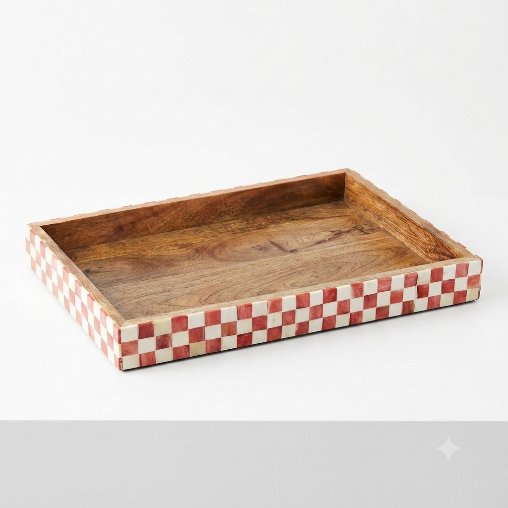 Artisan Mango Wood Tray with Red and White Checkered Inlay