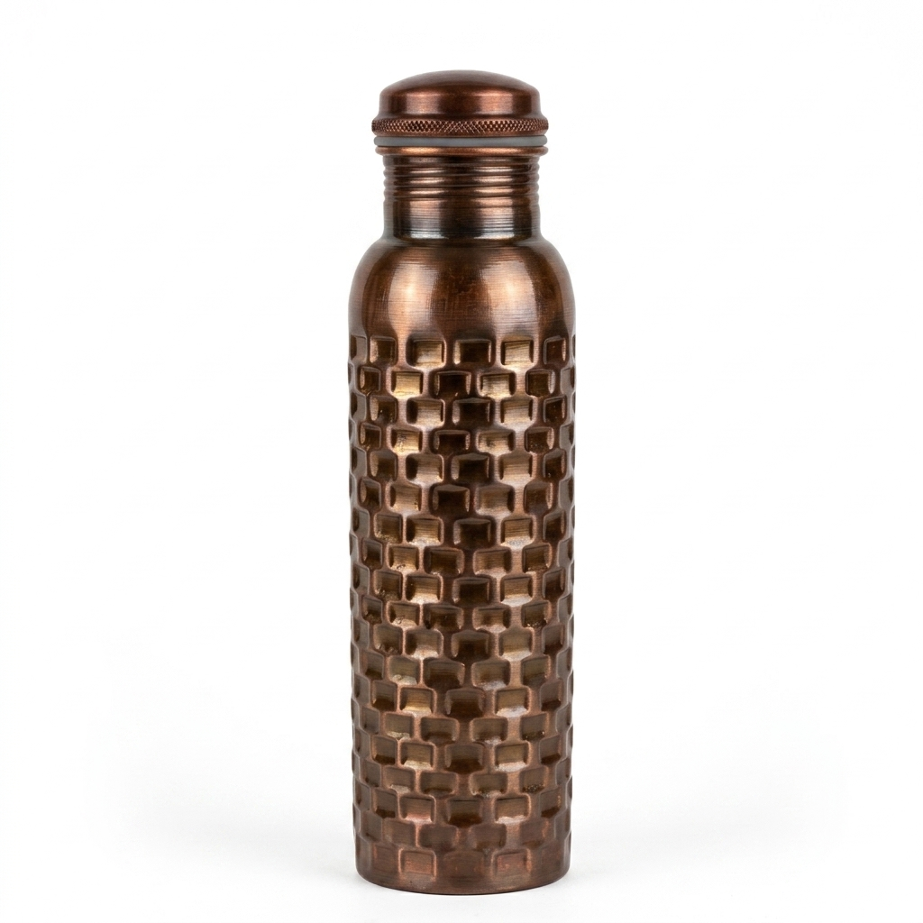 Antique Basketweave Hammered Pure Copper Flask