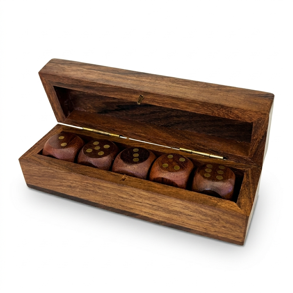 Handcrafted Wooden Dice Gift Set with Hinged Storage Box
