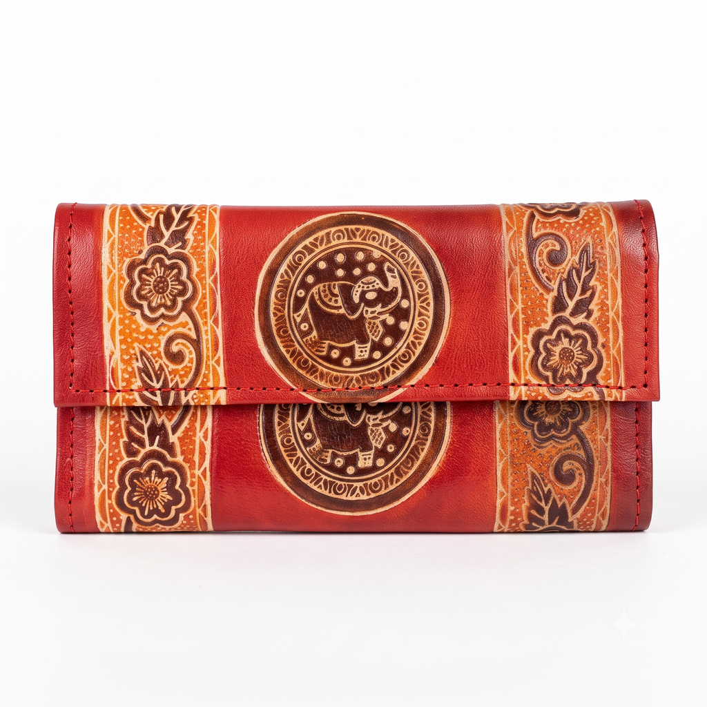 Handcrafted Elephant Motif Leather Clutch Wallet