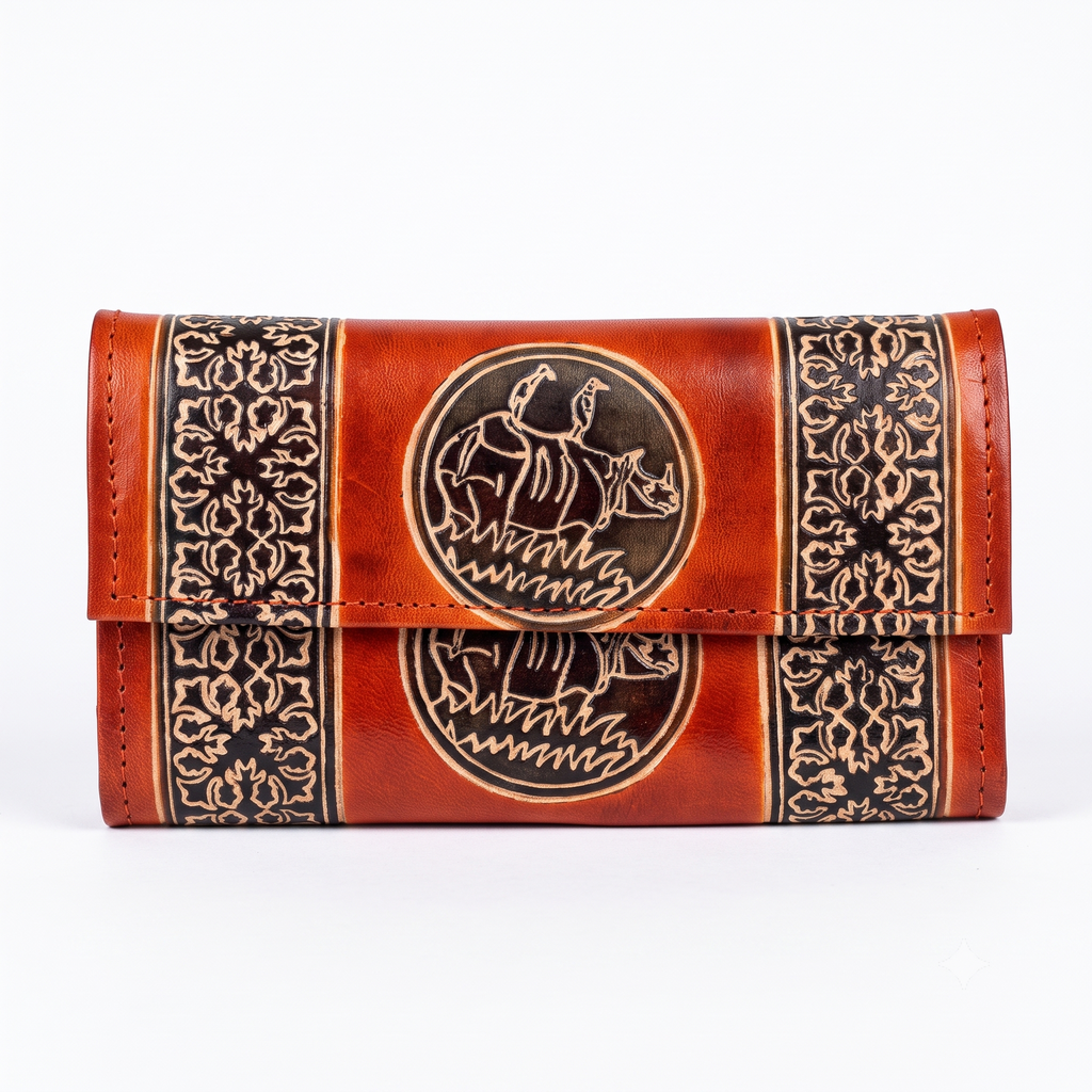 Handcrafted Camel Motif Leather Clutch Wallet