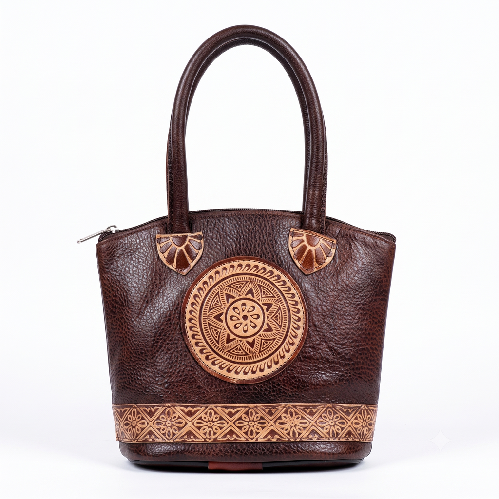 Handcrafted Mandala Embossed Leather Tote Bag