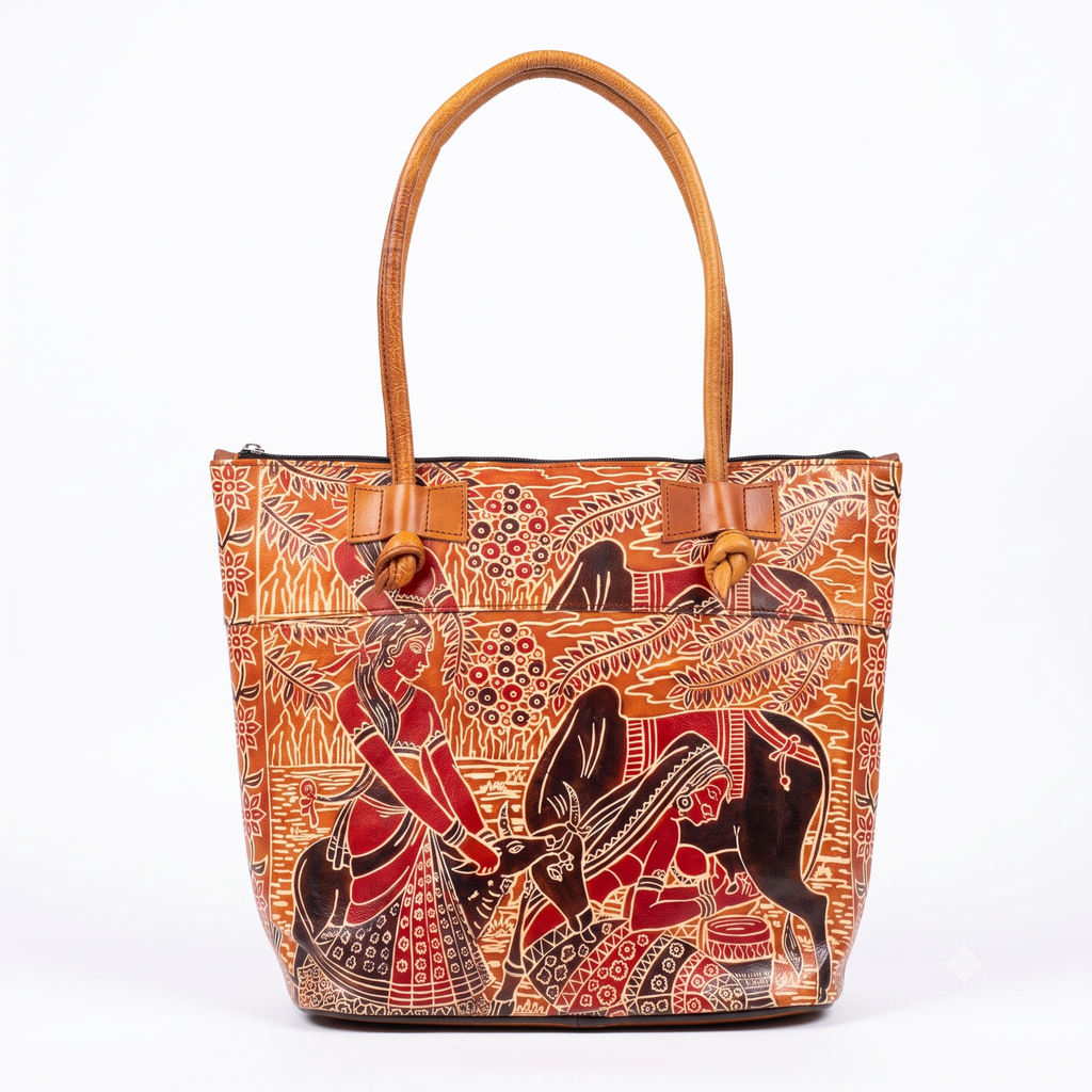 Handcrafted Folk Art Leather Tote Bag