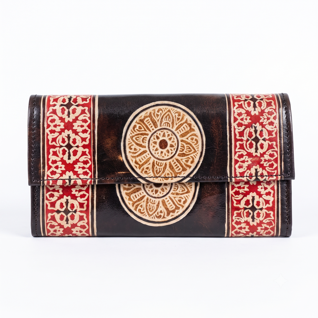 Artisan Embossed Mandala Leather Clutch Wallet
