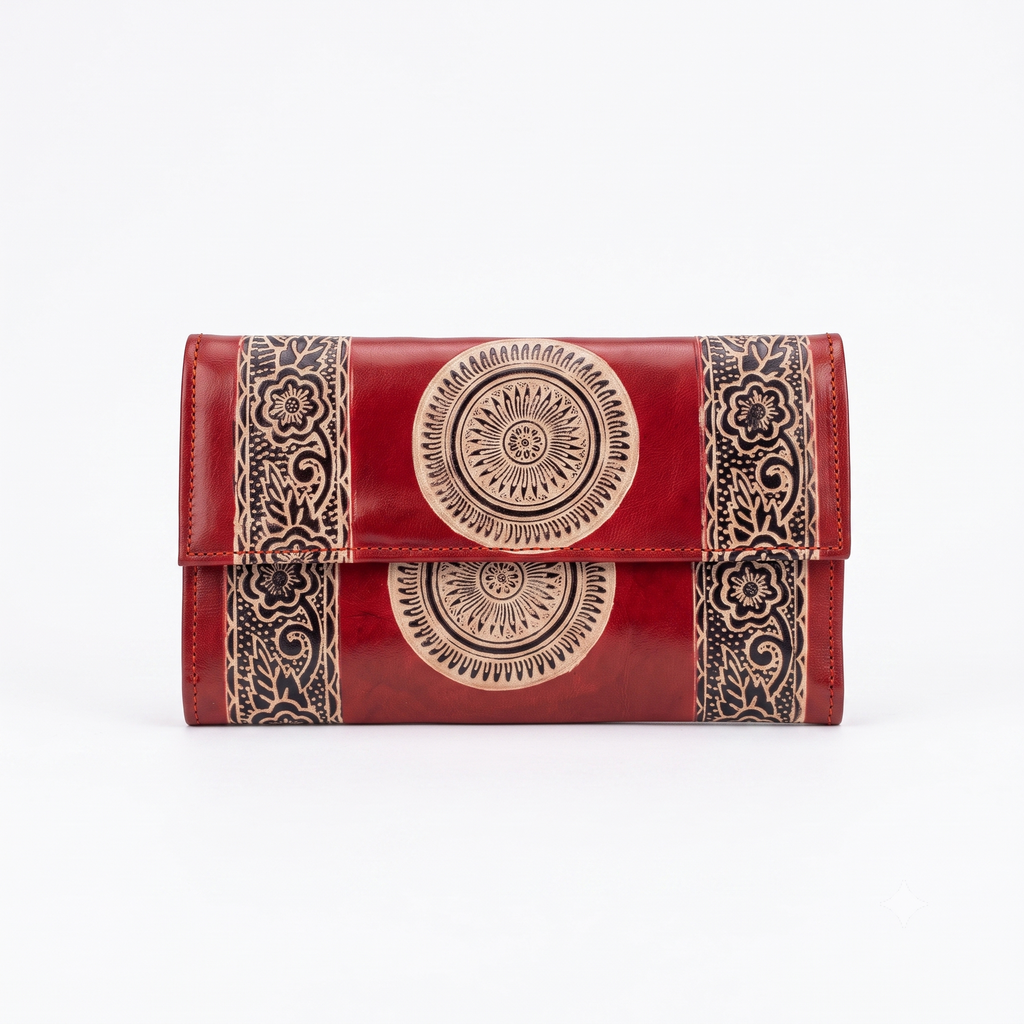 Artisan Embossed Floral Mandala Leather Clutch Wallet