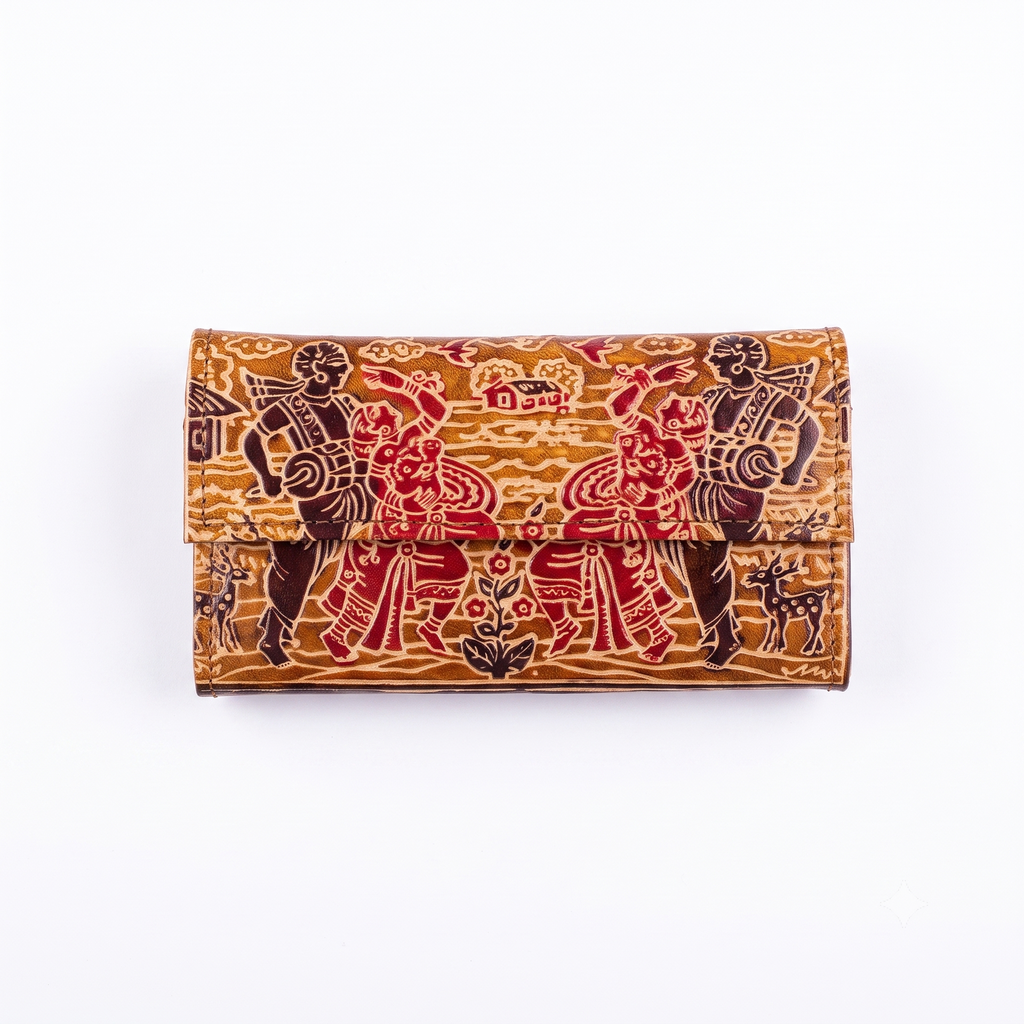 Artisan Hand-Carved Traditional Folk Art Leather Clutch Wallet