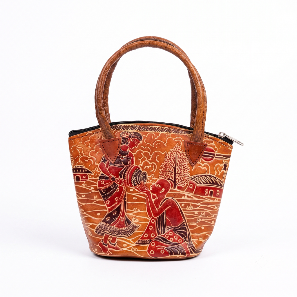 Artisan Hand-Carved Traditional Rural Life Leather Tote Bag