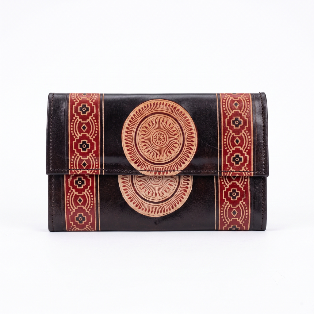 Artisan Embossed Mandala Leather Clutch Wallet