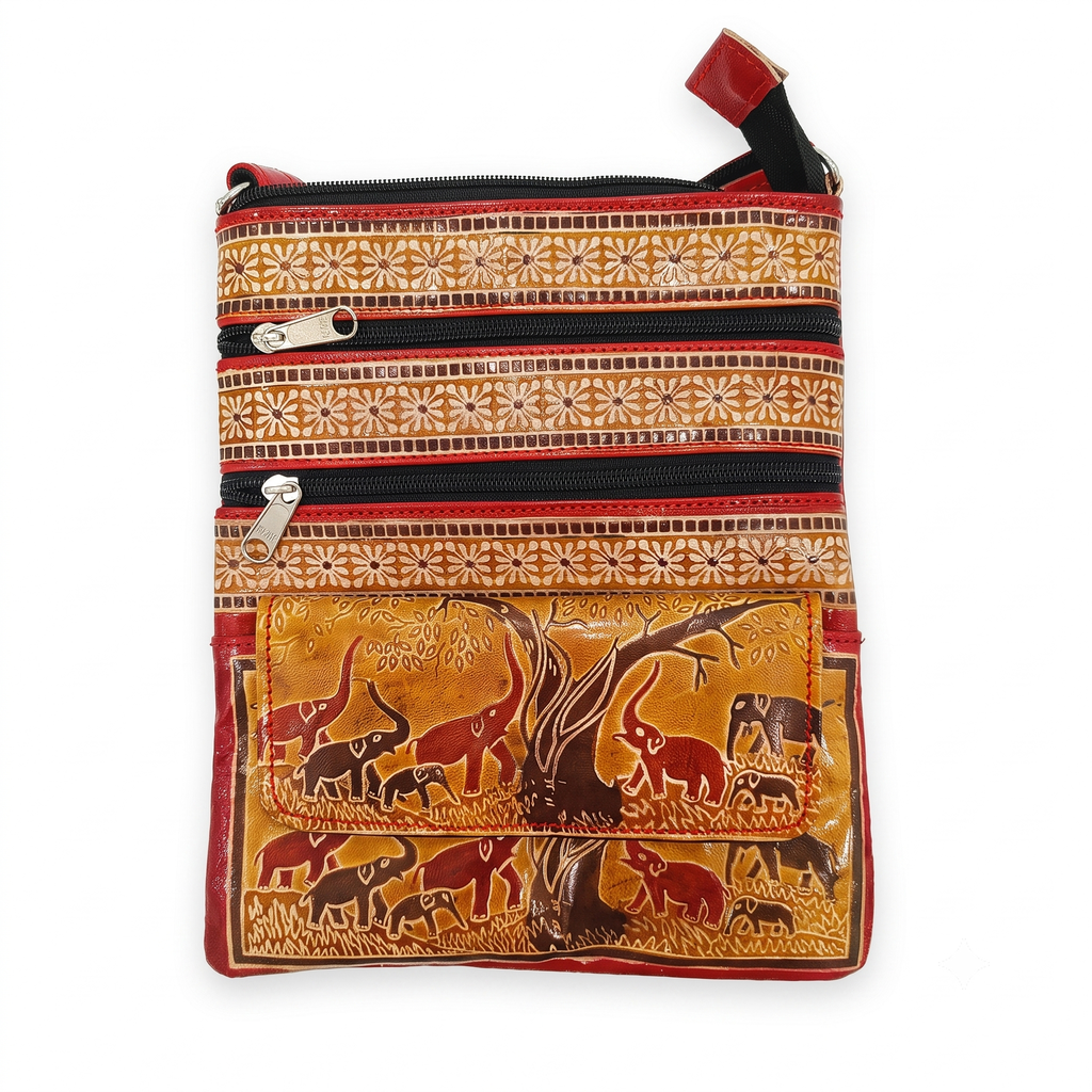 Artisanal Elephant Motif Tooled Leather Crossbody Bag