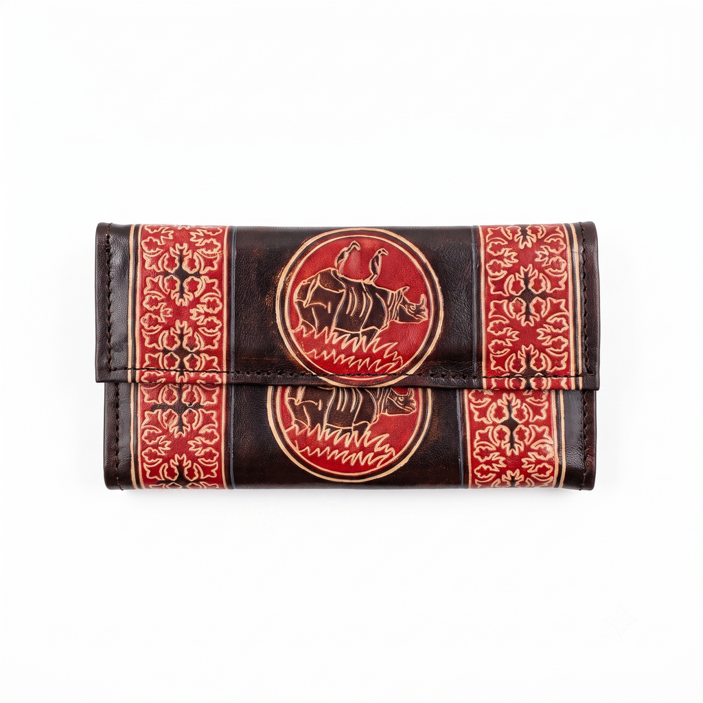 Rhinoceros Motif Tooled Leather Wallet