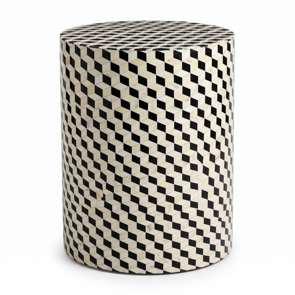 Geometric Inlay Cylindrical Side Table