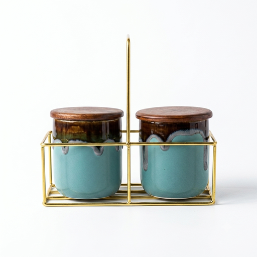 Dual Ceramic Storage Jar Set with Wooden Lids & Gold Metal Stand