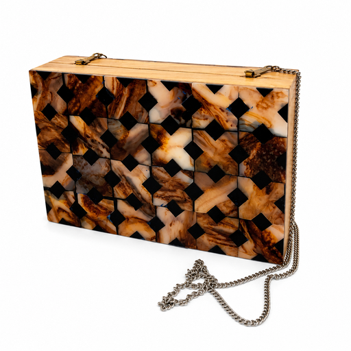 Luxury Resin Mosaic Clutch with Wooden Frame & Chain Strap