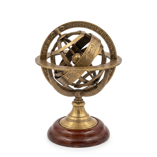 Antique Brass Armillary Sphere with Wooden Base – Vintage Astronomical Decor