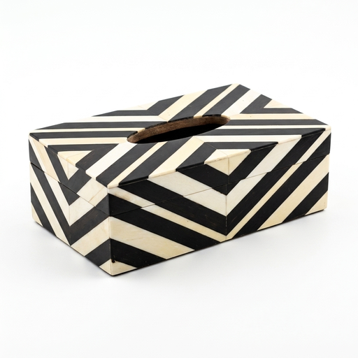 [NCUI_0006] Geometric Bone Inlay Tissue Box Cover – Black & Ivory Chevron Design