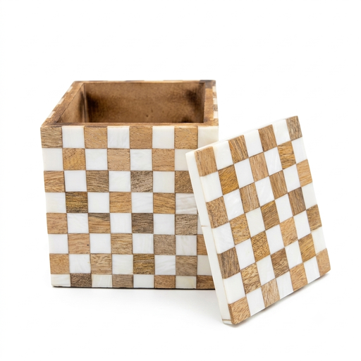 [NCUI_0018] Checkered Wood & Marble Inlay Storage Box with Lid