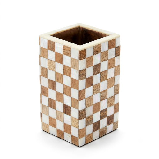 [NCUI_0022] Checkered Wood & Mother-of-Pearl Pen Holder