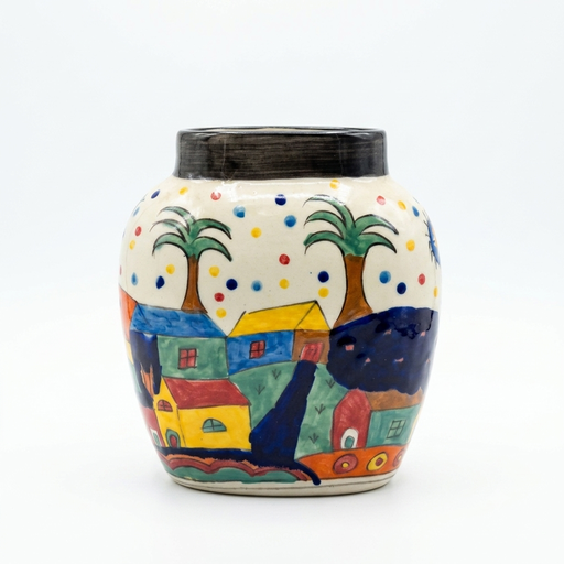 [NCUI_0034] Hand-Painted Whimsical Village Scene Ceramic Vase
