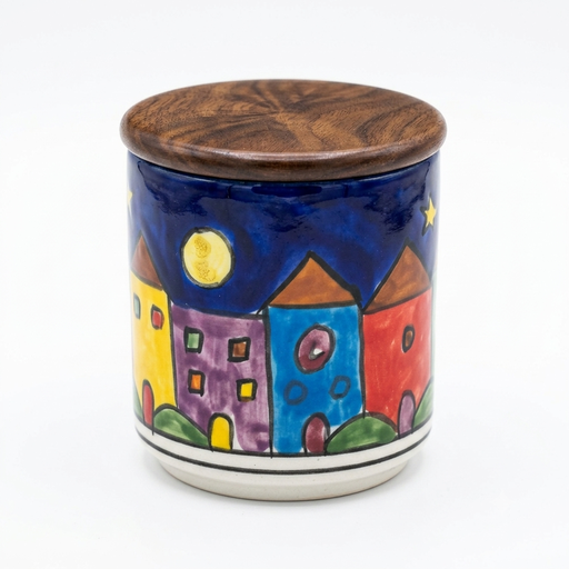 [NCUI_0036] Hand-Painted Nighttime Village Ceramic Storage Jar with Wood Lid