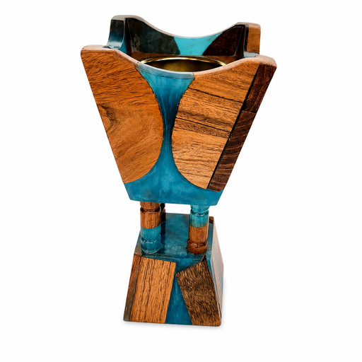 [NCUI_0048] Artisanal Geometric Wood and Turquoise Resin Incense Burner