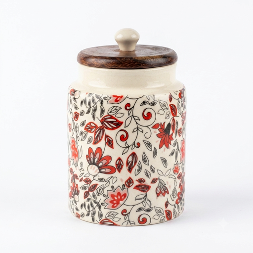 [NCUI_0050] Handcrafted Floral Ceramic Storage Jar with Wooden Lid