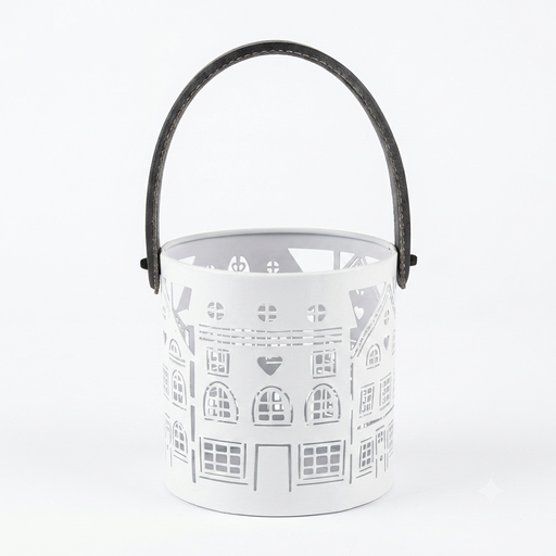 [NCUI_0092] Nordic Village Laser-Cut Metal Lantern – Alpine White
