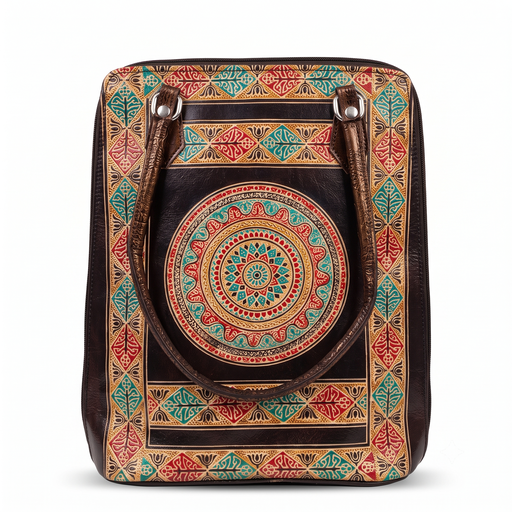 [NCUI_0115] Handcrafted Mandala Art Leather Tote Bag
