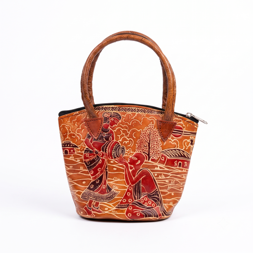 [NCUI_0134] Artisan Hand-Carved Traditional Rural Life Leather Tote Bag