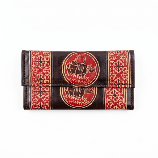 [NCUI_0145] Rhinoceros Motif Tooled Leather Wallet